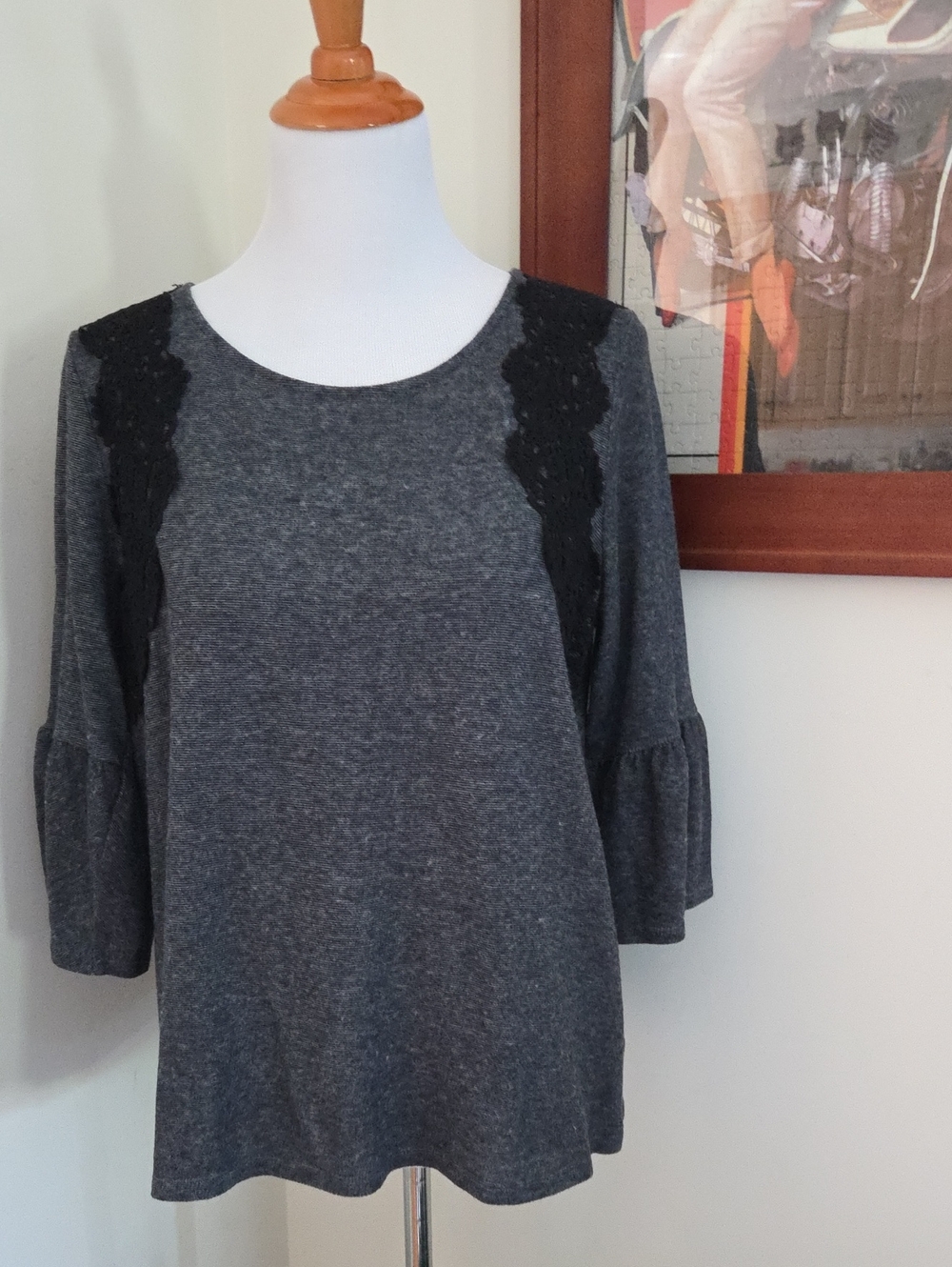 Women's Gray Long-Sleeve Top with Black Lace Accent